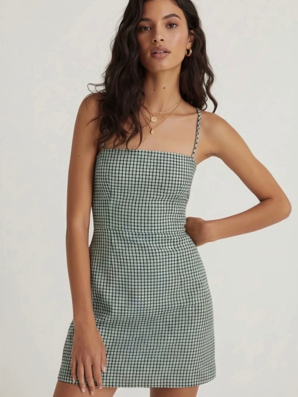 Aritzia Wilfred Isabelle Green Plaid Square neck mini dress pockets women's sz 6
